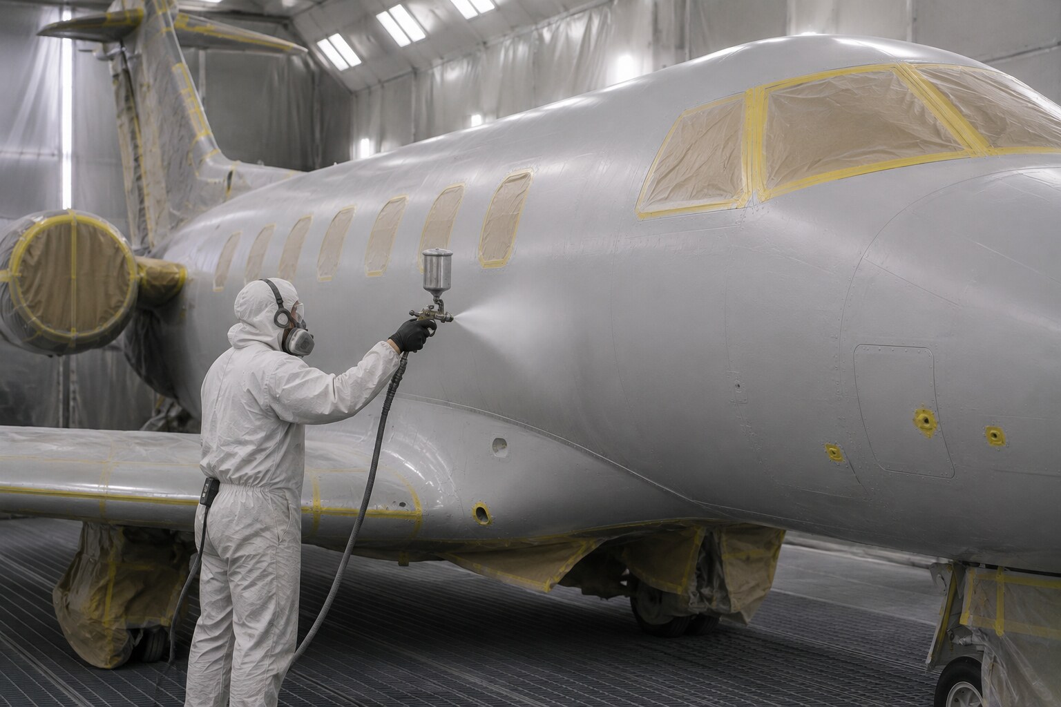 Aircraft paint application inside a controlled hangar environment
