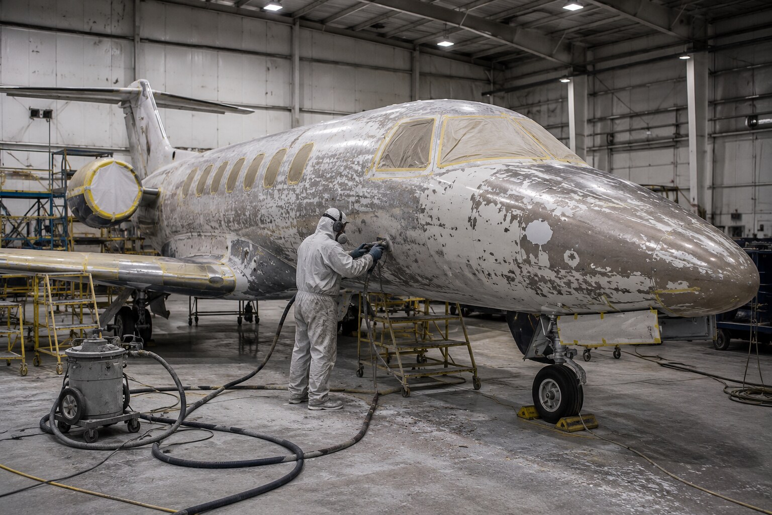 Aircraft paint stripping inside a professional hangar