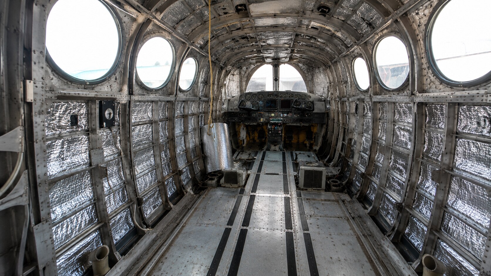 Aircraft cabin restoration with exposed structure and insulation